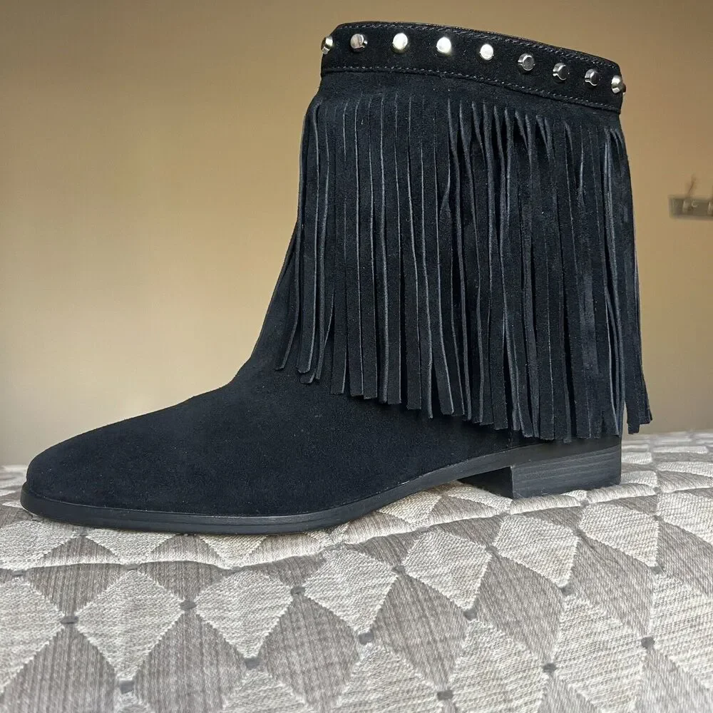 Michael Kors Silver Studded Black Suede Boots Fringe Western Cowgirl Women 8.5 - Picture 2 of 16